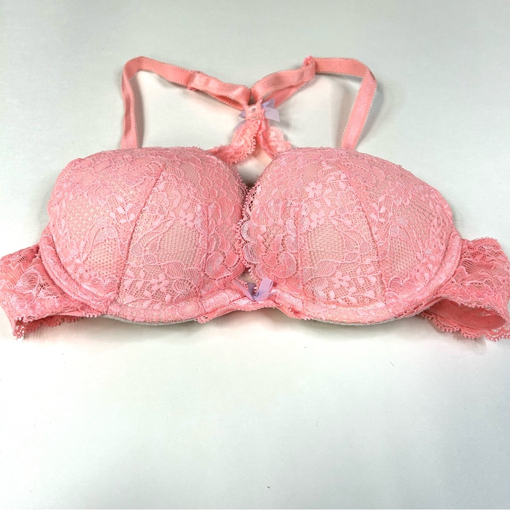 Victorias Secret 32B Pushup Bra Padded Solid Pink Floral Lace Underwire #2412